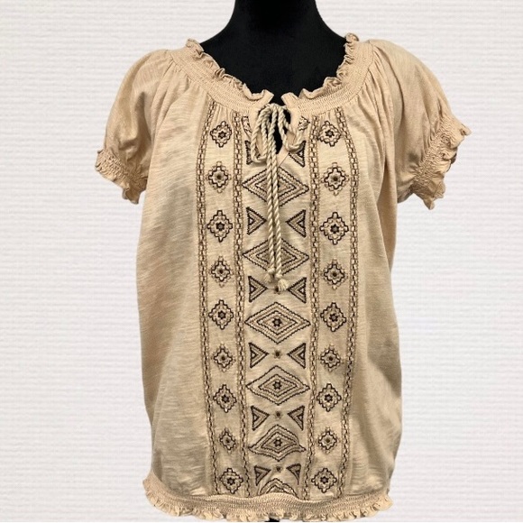 ST JOHN'S BAY Cream w/Brown Tribal Embroidery Boho Top, Cotton, Size Small - Picture 4 of 9